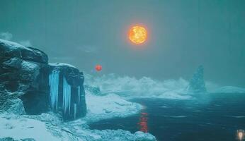 Frozen alien coastline, fiery sun photo
