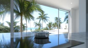 Coastal kitchen with panoramic ocean view photo