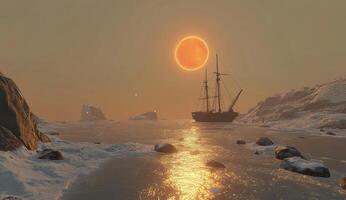 A solitary ship navigates icy waters under a crimson sun. Vast landscape, wintry photo