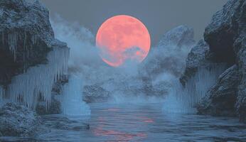 Frozen landscape under a vibrant pink moon photo