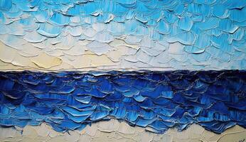 Seascape, vibrant textured strokes of blue, white, and beige. Horizon blends sky and water photo