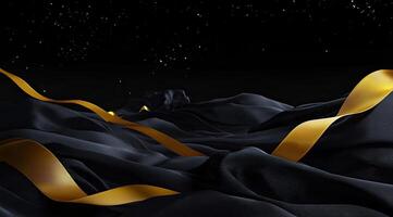 Luxurious black fabric draped with gold ribbons photo