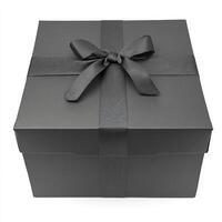 Square, dark gray gift box with a dark gray ribbon bow photo