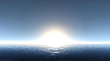Vast, serene vista of a horizon meeting a bright, sunlit sky. A flat, smooth, water surface reflects the light photo