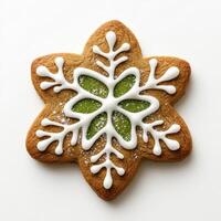 A decorative star-shaped gingerbread cookie, intricately iced with a green snowflake design photo