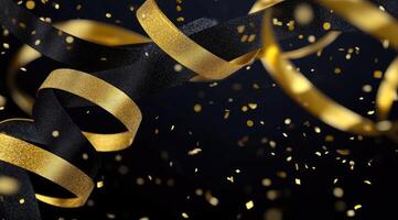 Black and gold celebration ribbons with confetti photo