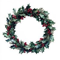Festive holly wreath, round shape, with vibrant green leaves and red berries. Circular arrangement, detailed design photo