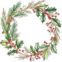 Festive wreath with holly and pine branches photo