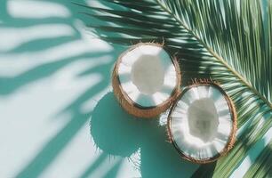 Two halves of fresh coconuts under a palm leaf photo