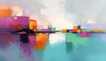 Abstract cityscape reflected in water. Vibrant colors and textures create a modern urban scene photo