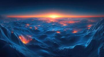 Sunrise over a volcanic landscape of icy mountains. Vast, otherworldly view photo