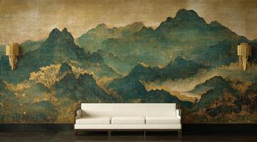 Elegant room with a serene mountain landscape wallpaper. A classic white sofa sits in front of the artwork photo