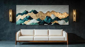 Modern minimalist living room featuring a large, textured mountain landscape artwork and a light cream couch photo