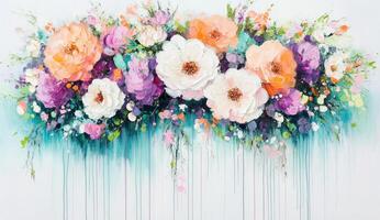 Vibrant floral arrangement cascading down a light background. A profusion of blossoms in peach, pink, purple, and white, accented by teal drips photo
