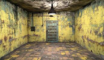 Abandoned, decaying, yellow room photo