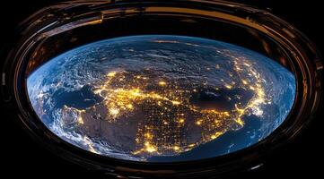Earth's illuminated expanse viewed from space. A stunning perspective of the North American continent, showcasing the intricate network of city lights below a celestial backdrop photo