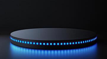 Circular pedestal with glowing blue lights photo