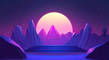 Neon mountains, stage under a large moon photo