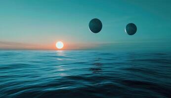 Sunrise over water, two celestial bodies photo