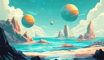 A vibrant, otherworldly beach scene with floating planets photo