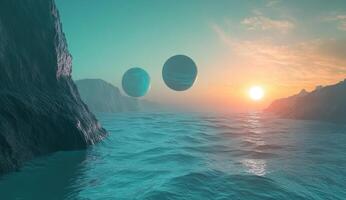 Floating spheres over a tranquil alien sea photo