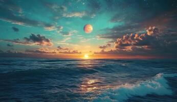 Stunning sunset over a turbulent sea with a large moon photo