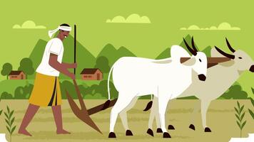 2D Illustration of Farmer Plowing Field with Two Oxen Traditional Farming Animation Depicting Rural Life and Agriculture Scenes in Stunning 4K Resolution video