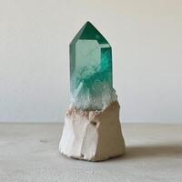 Emerald green crystal point on a textured concrete base photo