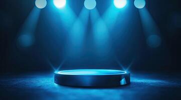Empty circular podium under blue spotlights photo
