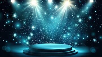 A stage bathed in spotlights and glittering particles photo