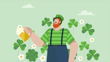 2D Animation of St. Patrick Day Celebration, Cartoon Man with Beer Standing in Shamrock Field, Fun Irish Holiday Scene in 4K Resolution video