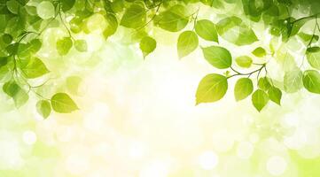Fresh green leaves frame a soft, bright background photo