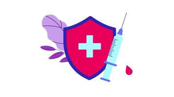 Get Vaccine Icon Animation in 2D, Shield with Syringe and Blood Drop, Medical Health Awareness Animation in 4K video
