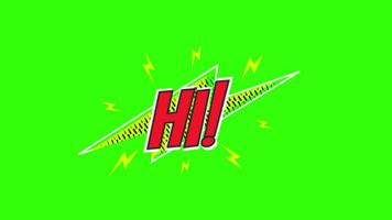Hi Comic Text Icon Animation in 2D on Green Screen Background, Bold and Cheerful Pop Art Style Greeting Perfect for Fun Visuals and Intros in Crisp 4K Resolution video
