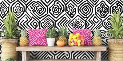 Vibrant geometric patterned wall decor with tropical accents photo