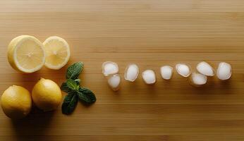Fresh lemons and ice on a wooden surface photo