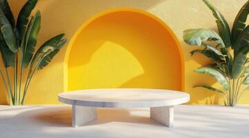 Empty marble podium with yellow archway and tropical plants photo