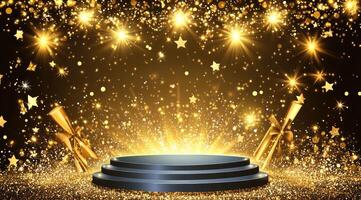 Grand stage with golden confetti and spotlight photo