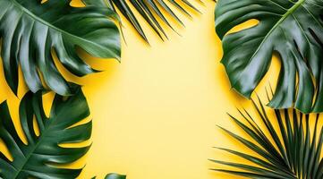 Tropical leaf arrangement on a vibrant yellow backdrop photo