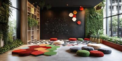 Modern, vibrant learning space with comfortable seating photo