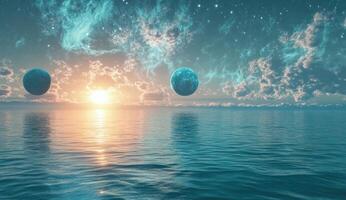 Celestial sea sunrise with floating planets photo