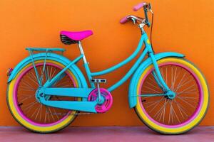 Vibrant teal bicycle with pink and yellow accents against an orange wall photo