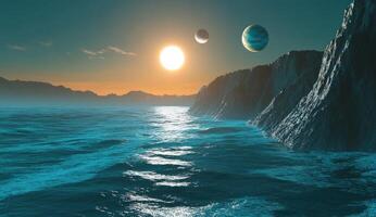 Alien ocean sunrise. Two suns, twin planets, and dramatic shoreline photo