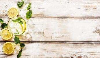 Lemonade with mint leaves on a wooden table photo