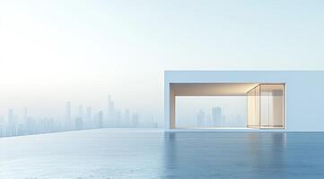 Modern rooftop terrace overlooking a hazy cityscape photo