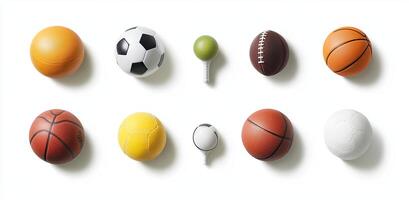 Various sports balls and a ball with a tennis racket photo