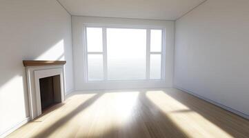 Empty sunlit room with fireplace and large window photo