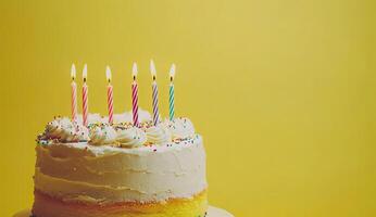 A white cake with six candles on top photo