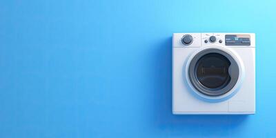 Modern white washing machine against a bright blue backdrop photo