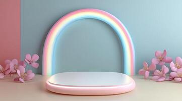 Pastel, rainbow-lit, product display podium photo